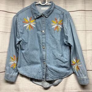 Zara Kids Girls Embroidered Floral Denim Shirt Light Wash Size 13-14
